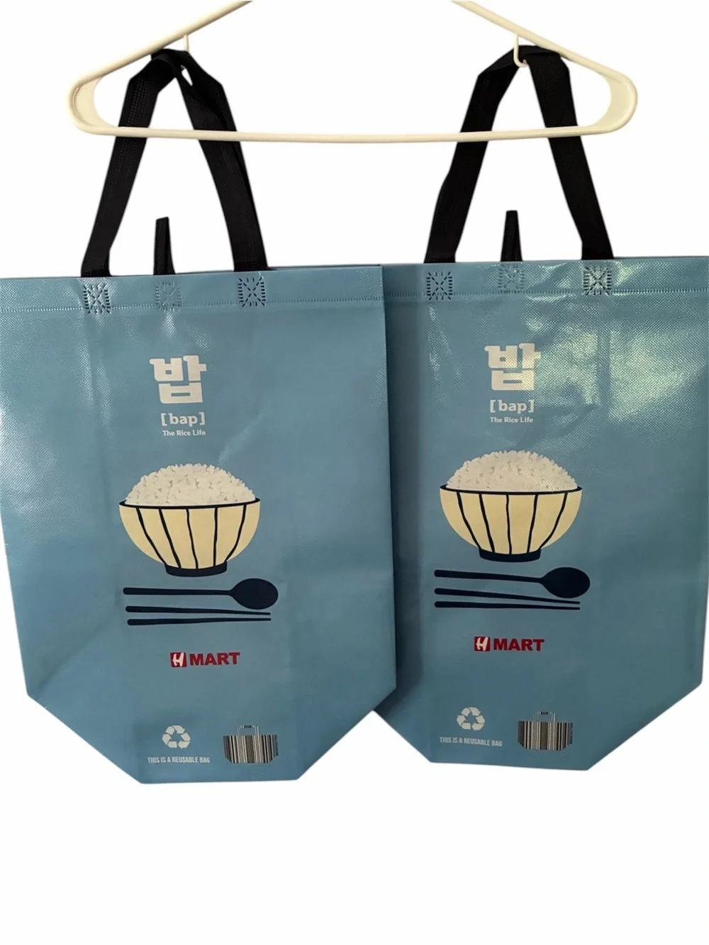 NWOT HMart “Bap / The Rice Life” Reusable Tote Bags – Lot of 2 – Blue Grocery Sh
